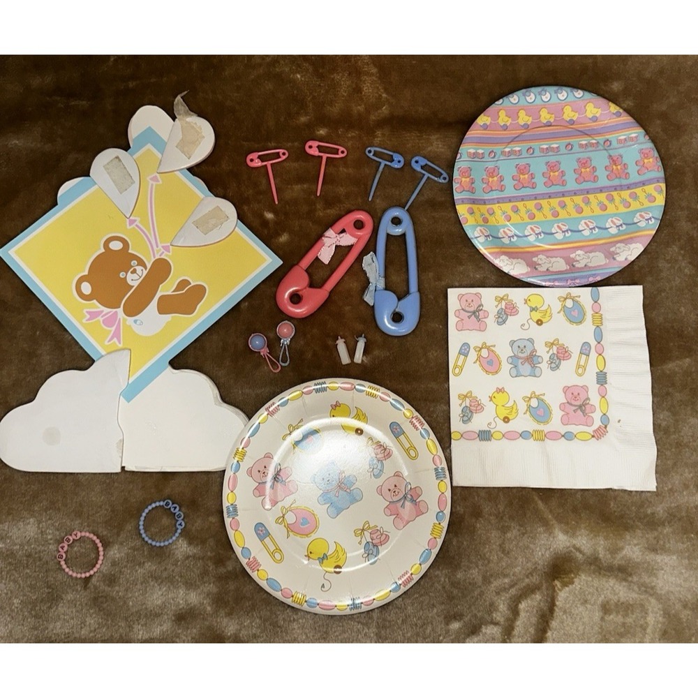 Vintage Baby Shower Decorations 1980's Pink and Blue Bear Pins Plates Napkin